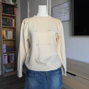 vtg creamy white lambswool sweater embellished with pearls and gold detailing